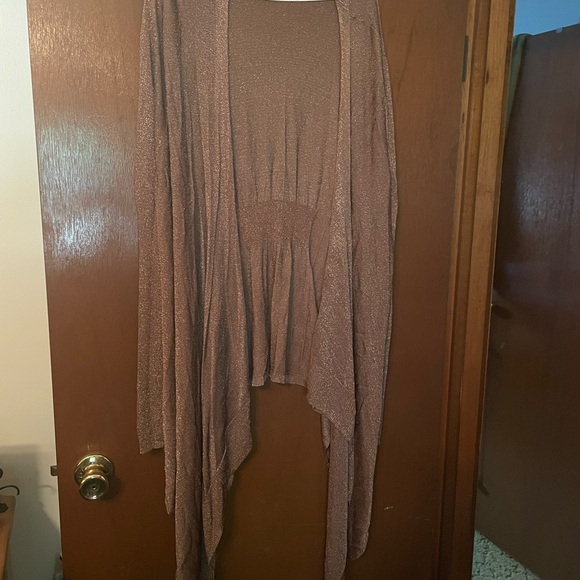 Jennifer Lopez Sweaters - Jennifer Lopez Brown Shrug with Waterfall Hem and Gold accents